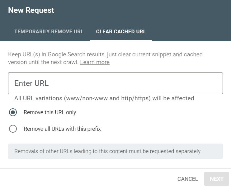 Clear Cached URL Search Console